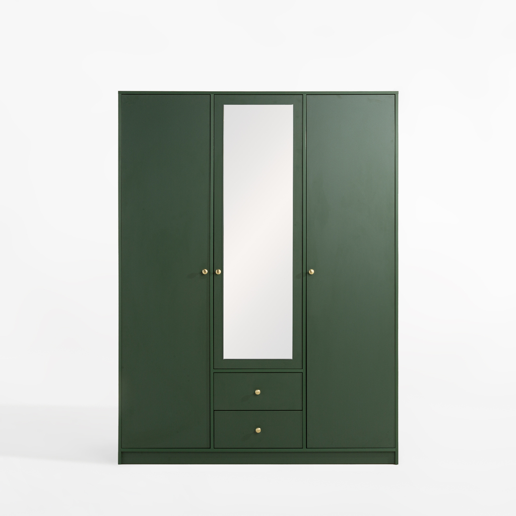 Szafa w kolorze zielonym z lustrem i szufladami