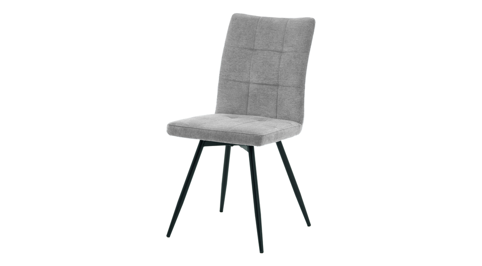 Krzesło z szarą tapicerką typu plecionka na obrotowej podstawie z metalowymi nogami w stylu loftowym.