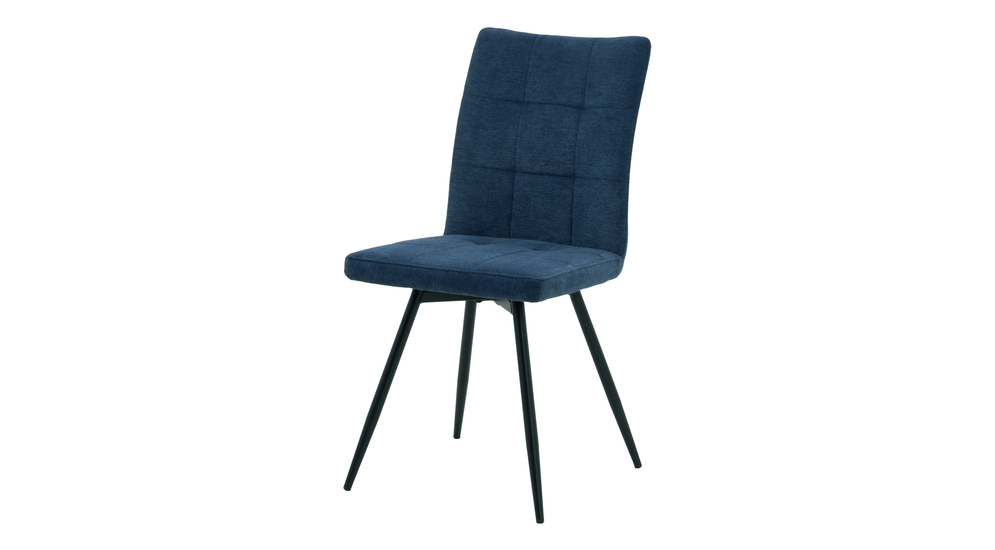 Krzesło obrotowe niebieskie FARN na metalowych nogach z geometrycznymi przeszyciami na oparciu.
