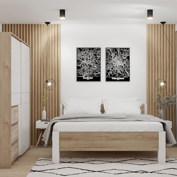 Aranżacja sypialni w stylu modern - biel i drewno