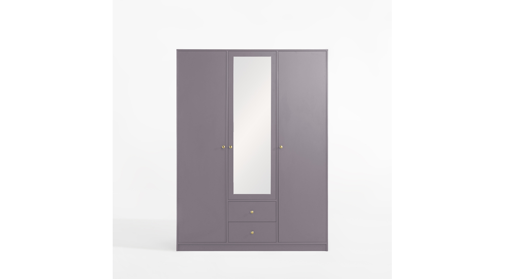 Fioletowa szafa trzydrzwiowa z lustrem i szufladami.