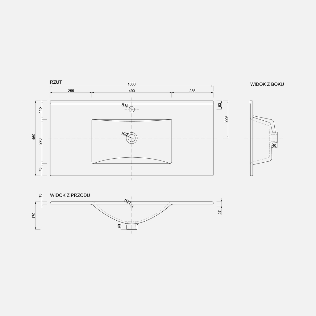 Umywalka wpuszczana w blat PLAN 100 cm