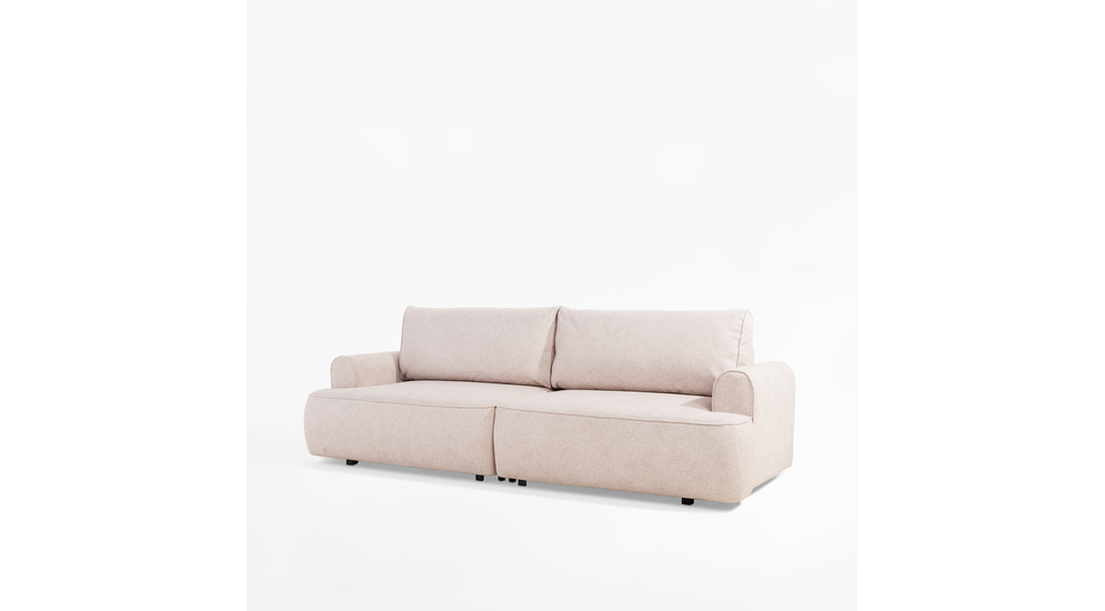 Beżowa sofa 3-osobowa z poduszkami i funkcją spania.