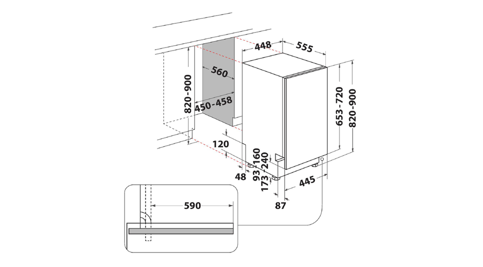 Zmywarka do zabudowy wąska 45 WHIRLPOOL WI9E 2B19 CB - wymiary.