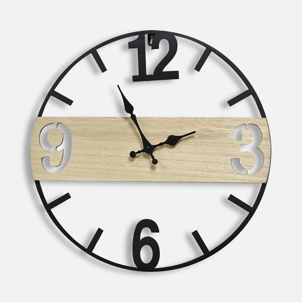 Nowoczesny zegar na ścianę z drewnianym elementem