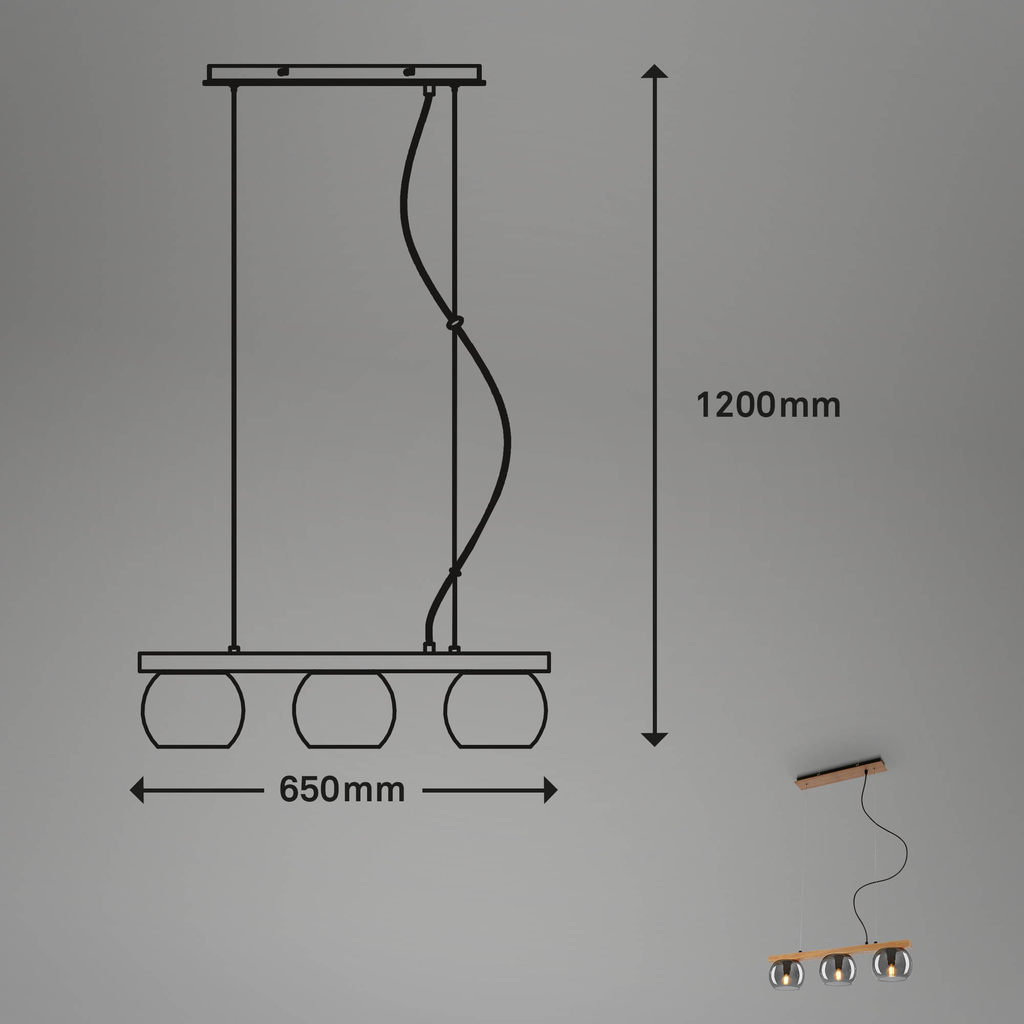 Lampa wisząca 3 klosze drewno jasne czarna KYRO