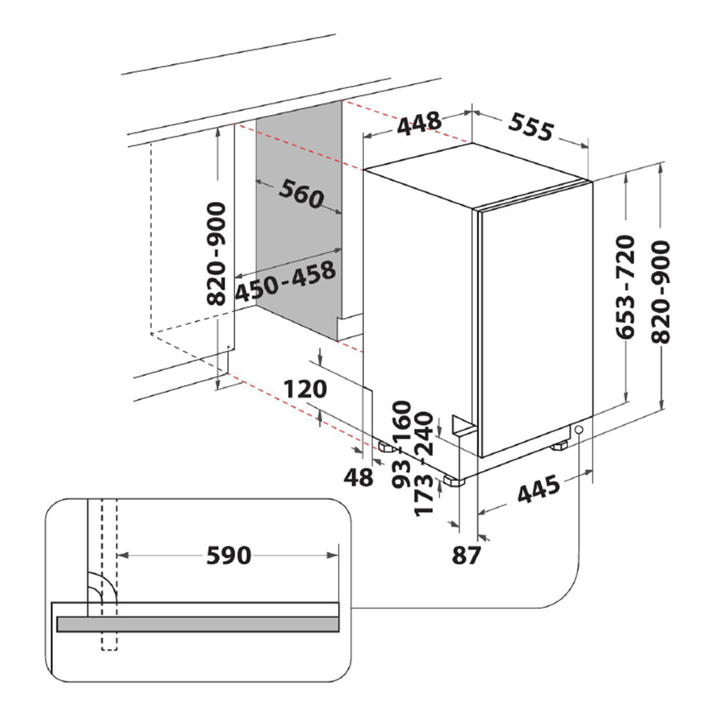 Zmywarka do zabudowy wąska 45 WHIRLPOOL WI9E 2B19 CB - wymiary.