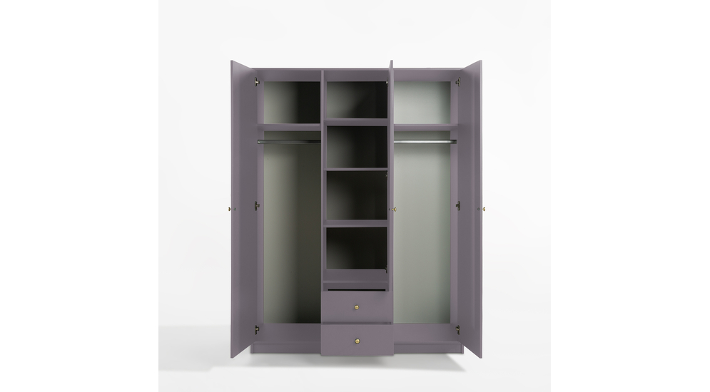 Fioletowa szafa trzydrzwiowa z lustrem i szufladami.
