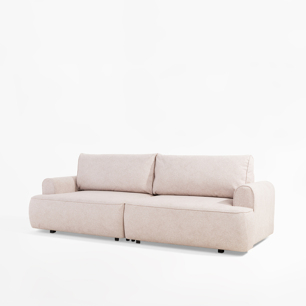 Beżowa sofa 3-osobowa z poduszkami i funkcją spania.