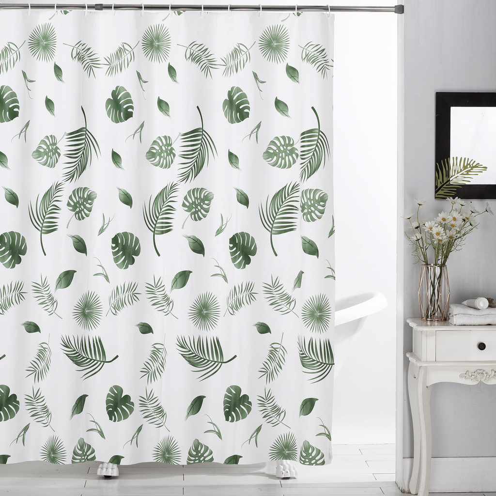 Biała zasłona łazienkowa w zielone liście 
