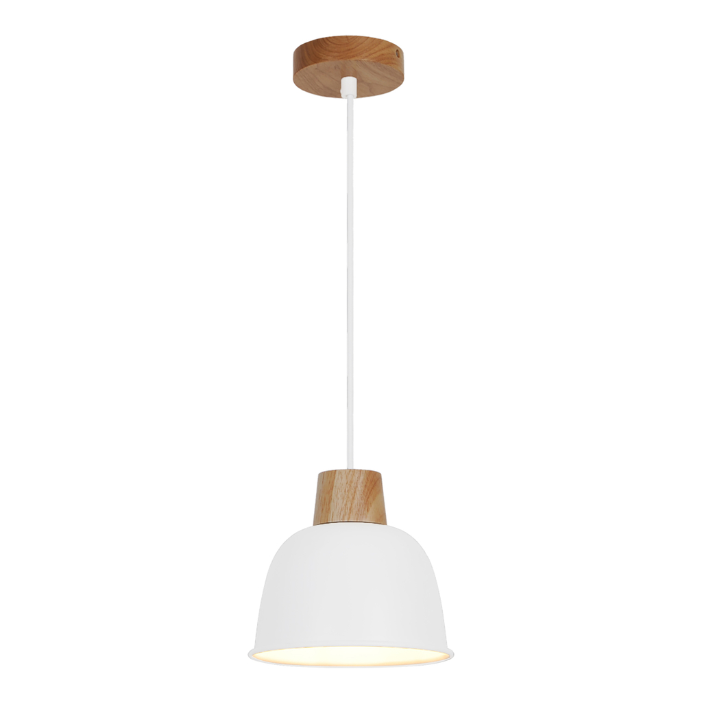 Biały kolor lampy ORLO jest dopełniony elementami w odcieniu jasnego drewna.