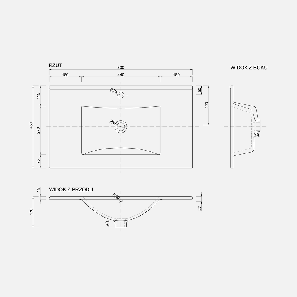 Umywalka wpuszczana w blat PLAN 80 cm