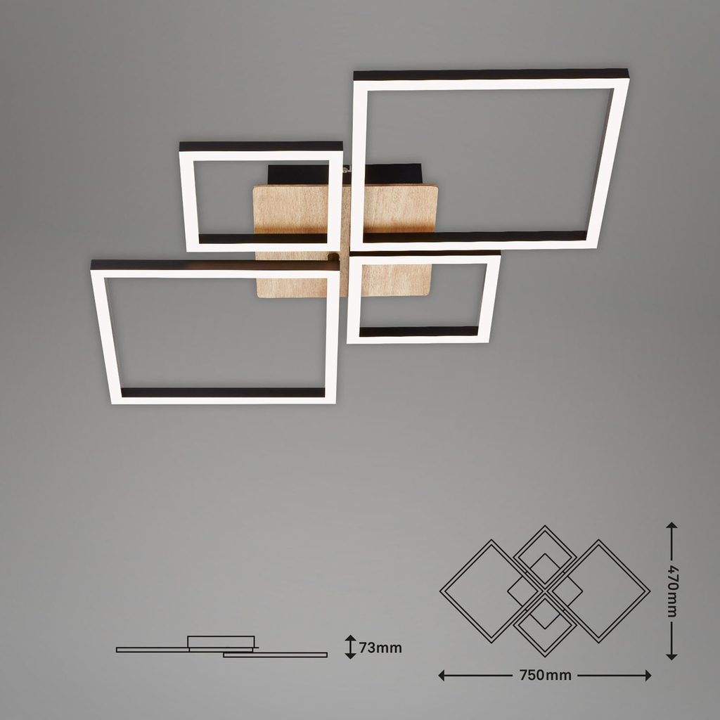 Lampa sufitowa CCT LED prostokątna 4 ramki czarna drewno FRAME 75 cm