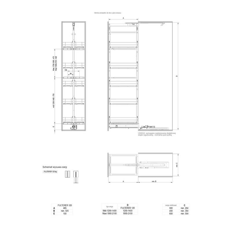 Cargo system do kuchni metal grafit 1200-1400 30/4 (120) INSIDE