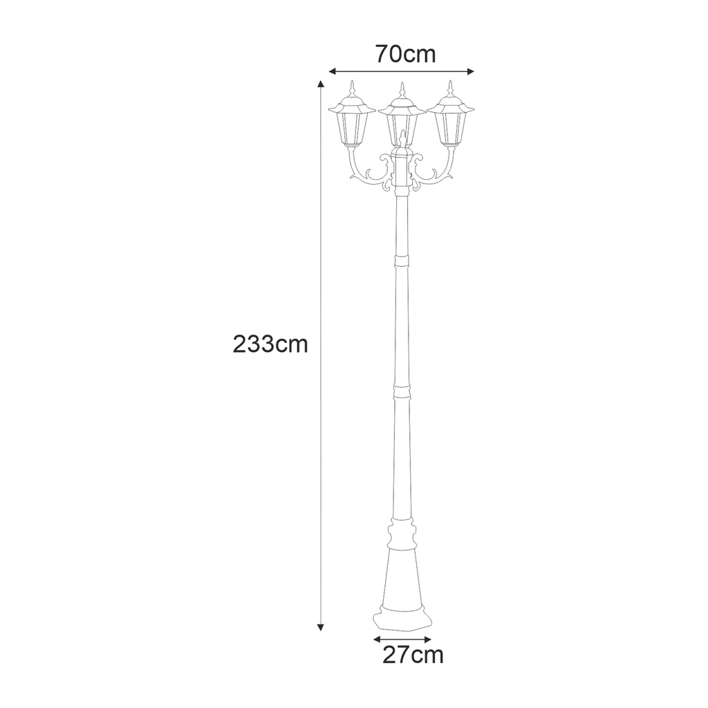 Lampa zewnętrzna outdoor 3-ramienna czarna STANDARD - wymiary.