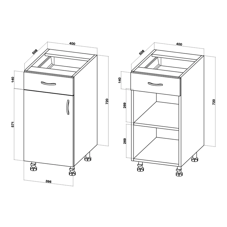 Szafka stojąca z szufladą BASIC PLUS BP/D40SR1 smoke green - wymiary.