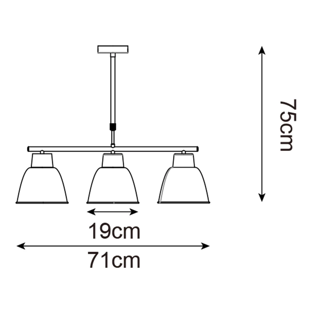 Wisząca lampa ORLO z 3 białymi kloszami, szeregowo zawieszonymi kloszami.