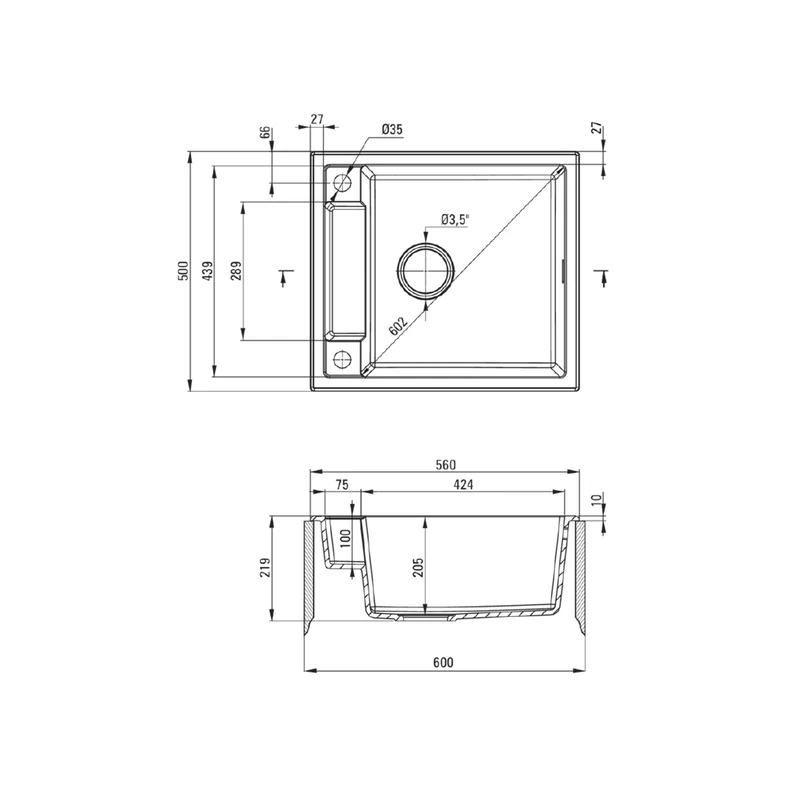 Zlewozmywak granitowy 1-komorowy MAGNETIC ZRM N103 - wymiary.