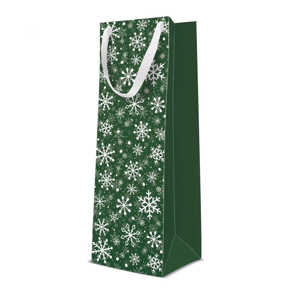 Torebka na prezent świąteczna zielona SNOWFLAKES BOTTLE 37 cm