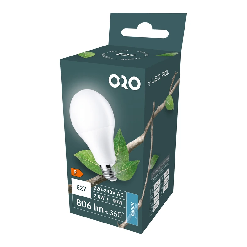 Żarówka LED E27 7,5W barwa zimna ORO-ATOS-E27-A60-7,5W-CW