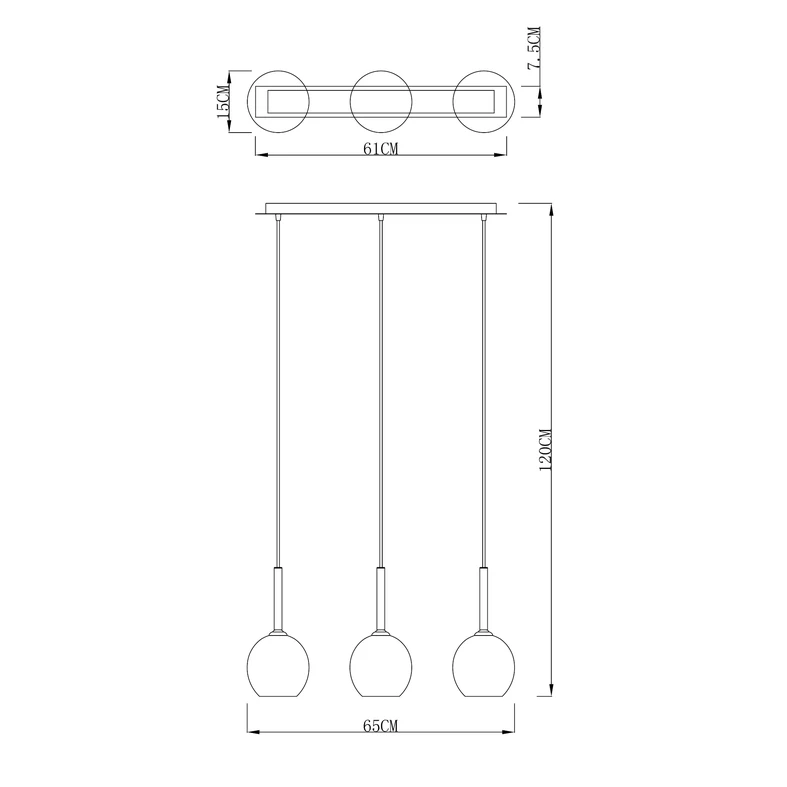 Lampa wisząca 3 szklane klosze miedź MONIC