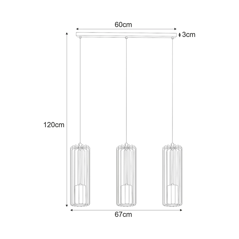 Lampa wisząca 3 klosze listwa czarna FALCON - wymiary.