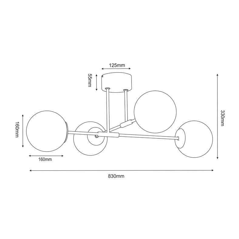 Lampa sufitowa 4 klosze kule czarno-złota GLAME - wymiary.