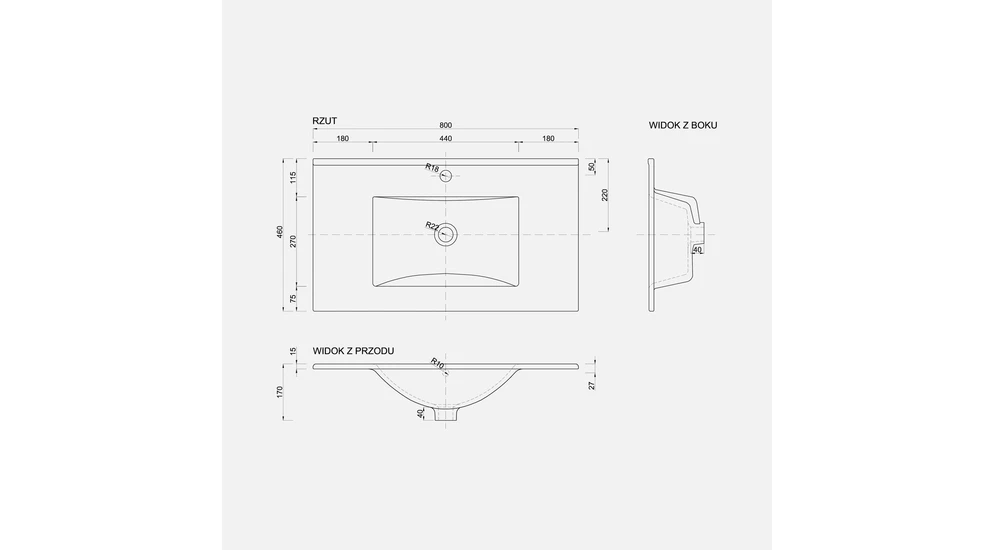 Rysunek techniczny umywalki PLAN 80.