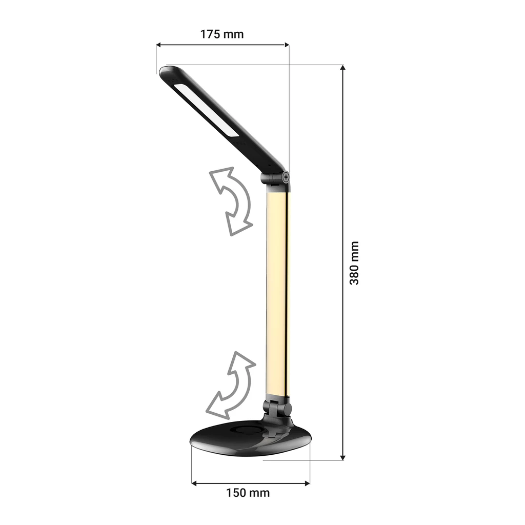 Czarno-złota lampa biurkowa ORO PICA LED z 3-poziomową regulacja jasności. Jej ramię jest sztywne z regulacją przy głowicy i podstawie. Posiada zmianę ustawienia temperatury barwowej w zakresie 3000-4000-6000K.