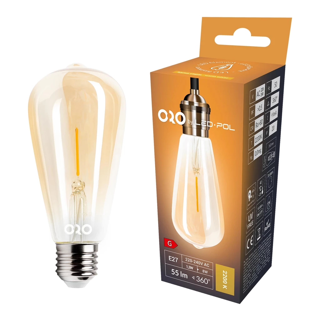 Żarówka ozdobna retro LED E27 1,3W barwa ciepła ORO-E27-ST64-FL-AMBER-1,3W-WW