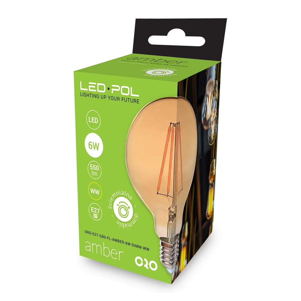 Żarówka ozdobna LED E27 6W barwa ciepła ORO-E27-G80-FL-AMBER-6W-DIMM