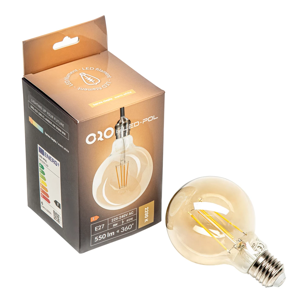 Żarówka ozdobna LED E27 6W barwa ciepła ORO-E27-G80-FL-AMBER-6W-DIMM