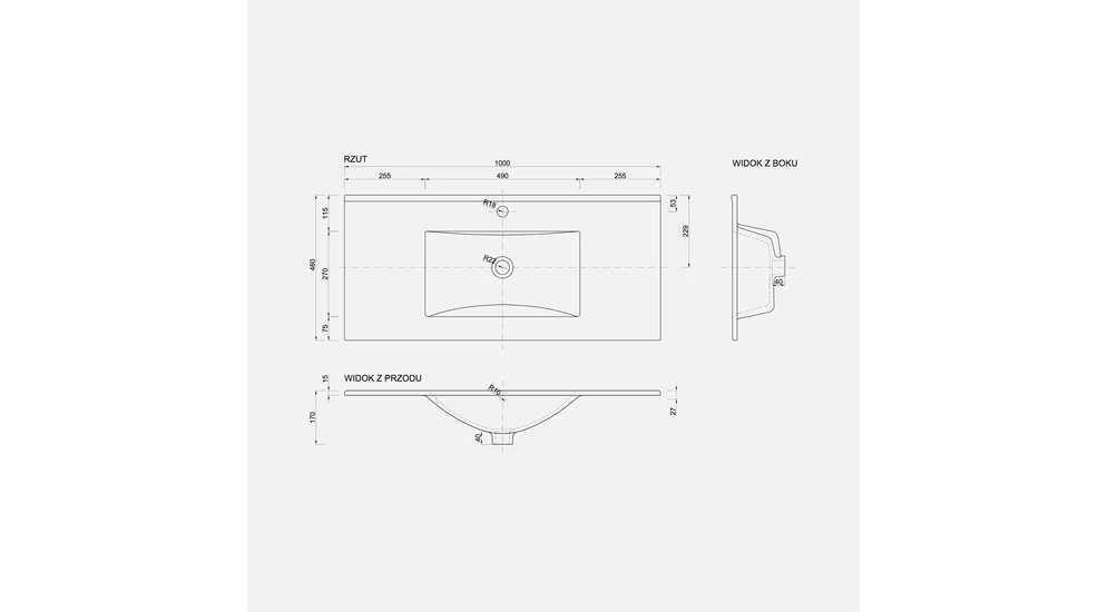 Rysunek techniczny umywalki PLAN 100.