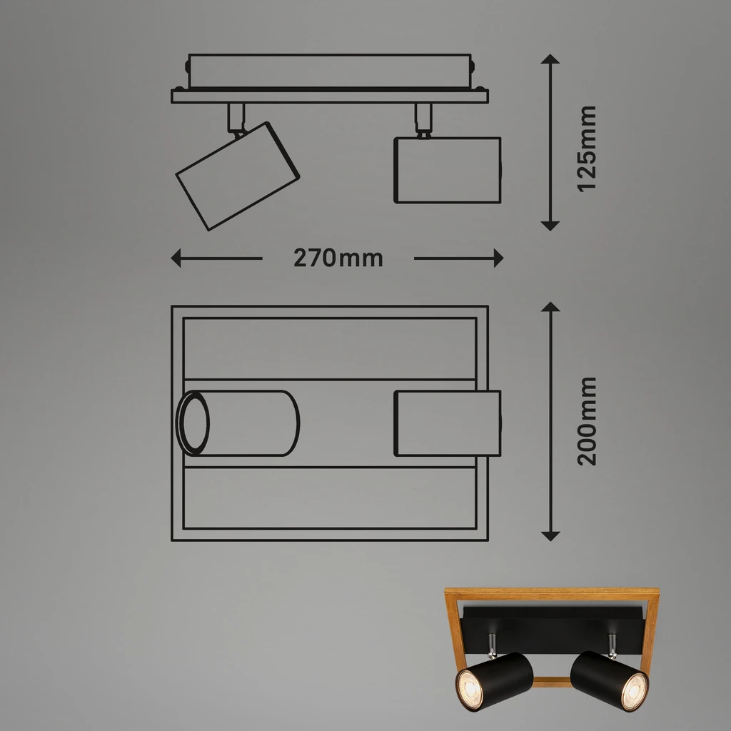 Listwa podwieszana 2 reflektory ramka jasne drewno czarna FREY - wymiary.