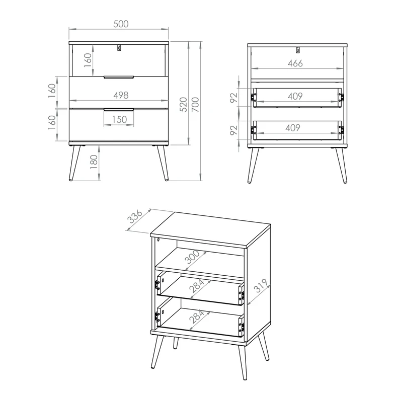 Wymiary szczegółowe szafki nocnej VITERBO.
