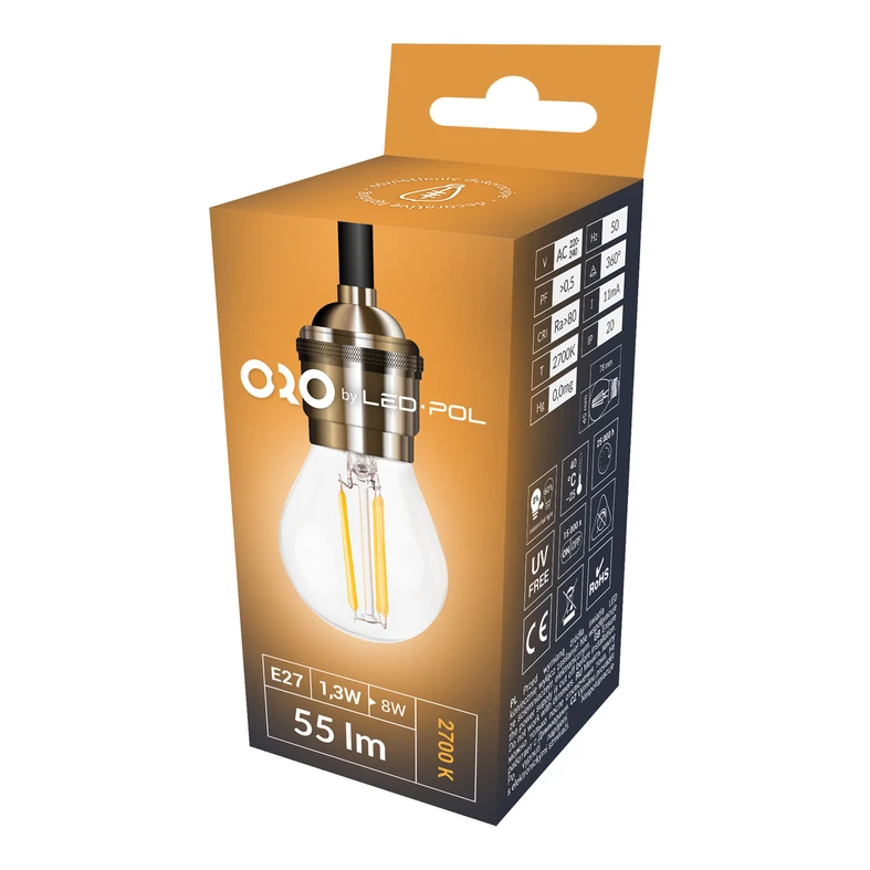 Żarówka LED E27 1,3W ORO-E27-G45-FL-CLARO-1,3W-WW barwa ciepła