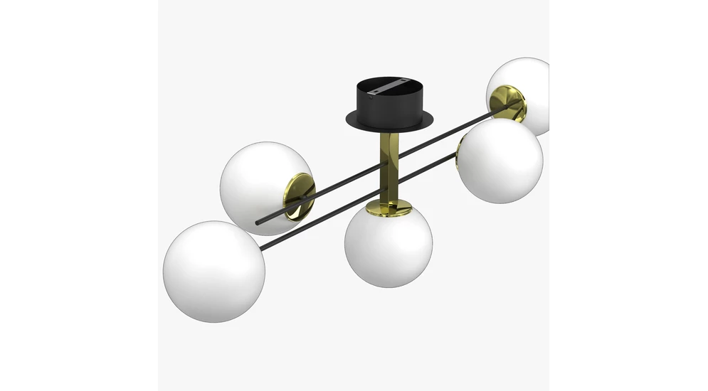 Geometryczna podstawa lampy o rozpiętości ramion 112 cm, została ozdobiona czarno-złotym wykończeniem.