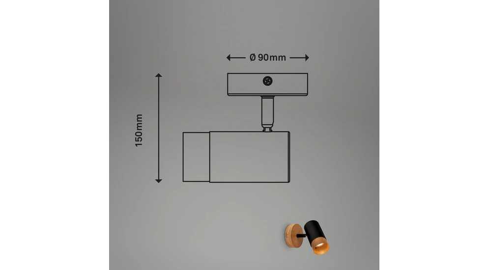 Kinkiet PLEK z drewnianą podstawą i regulowanym reflektorem - wymiary.