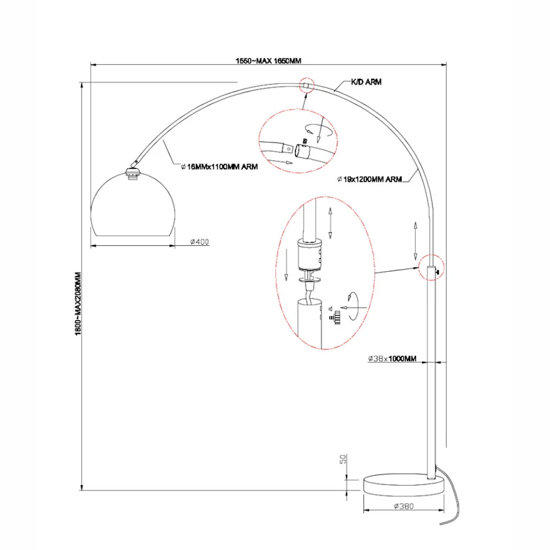 Lampa podłogowa łukowa do salonu VISION