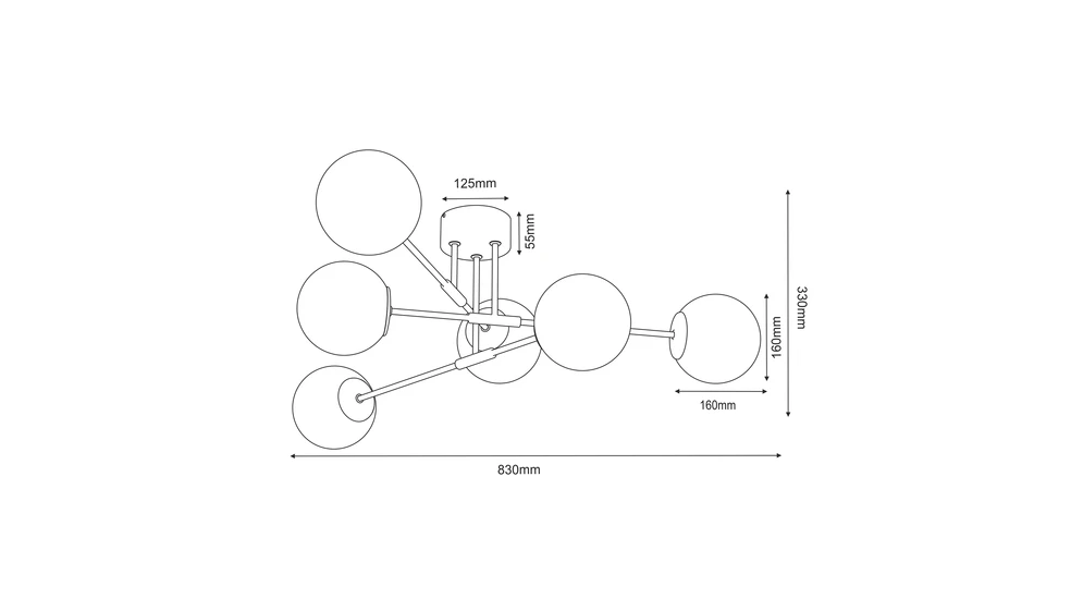 Lampa sufitowa 6 kloszy kule czarno-złoty GLAME - wymiary.