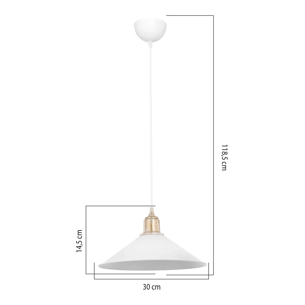 Lampa wisząca MAYA z płaskim kloszem i lekką stylizacją retro. Doskonała do kuchni, gabinetu, sypialni lub przedpokoju. Posiada biały klosz i widoczną żarówkę.