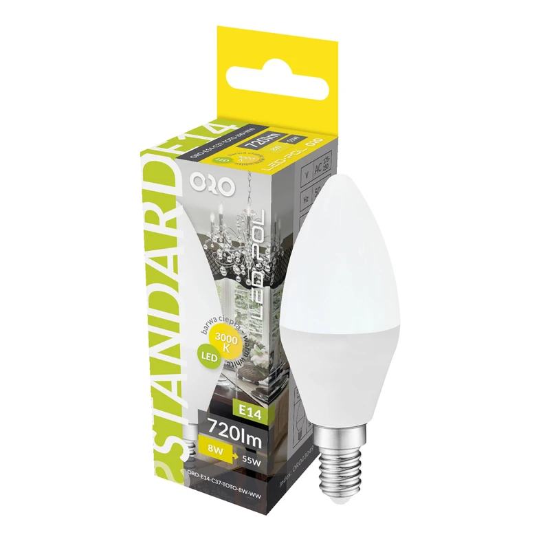 Żarówka LED E14 8W barwa ciepła ORO-E14-C37-TOTO-8W-WW