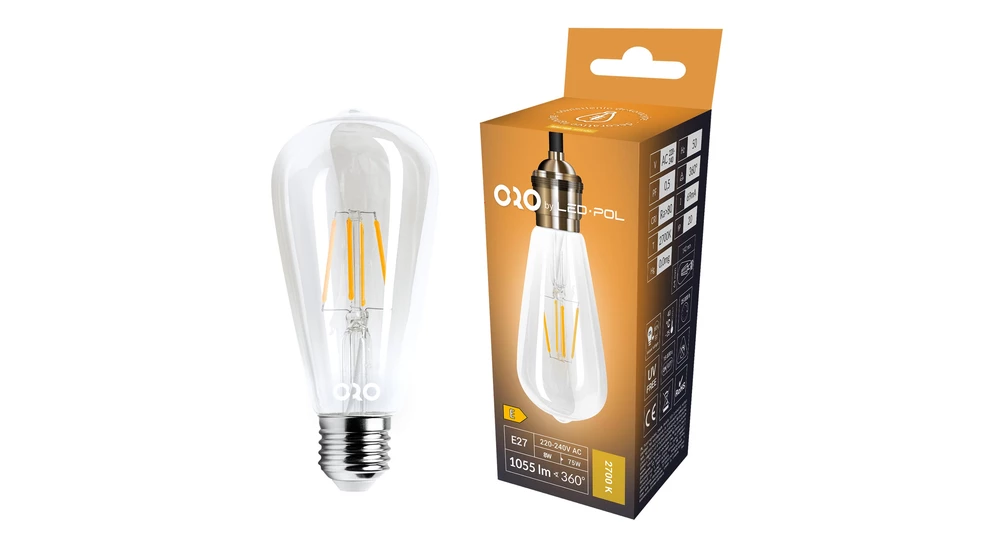 Żarówka ozdobna retro LED E27 8W barwa ciepła ORO-E27-ST64-FL-CLARO-8W-WW