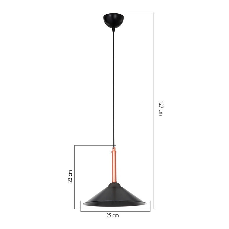 MANDARIN I to pojedyncza lampa wisząca z trapezowym kloszem oraz dekoracyjnym elementem w miedzianym kolorze.