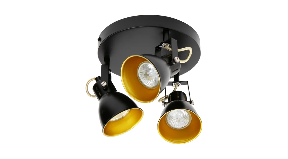 Lampa ORO FALCO w kolorystyce czerni i złota doda nieco blasku do surowego wnętrza. Ten model posiada oprawę dla 3 żarówek typu GU10 o mocy maksymalnej 10W.