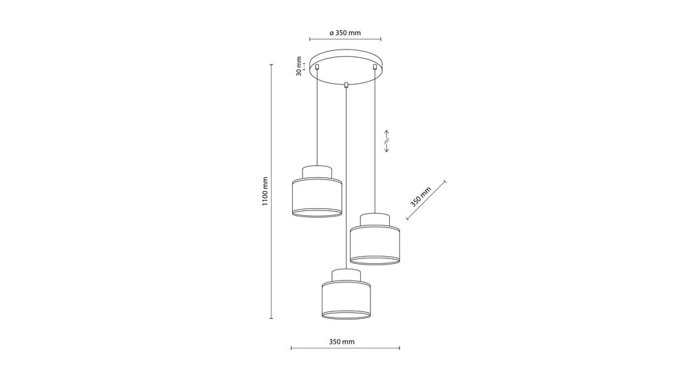 Lampa wisząca okrągła podstawa 3 abażury DUO JUTA - wymiary.