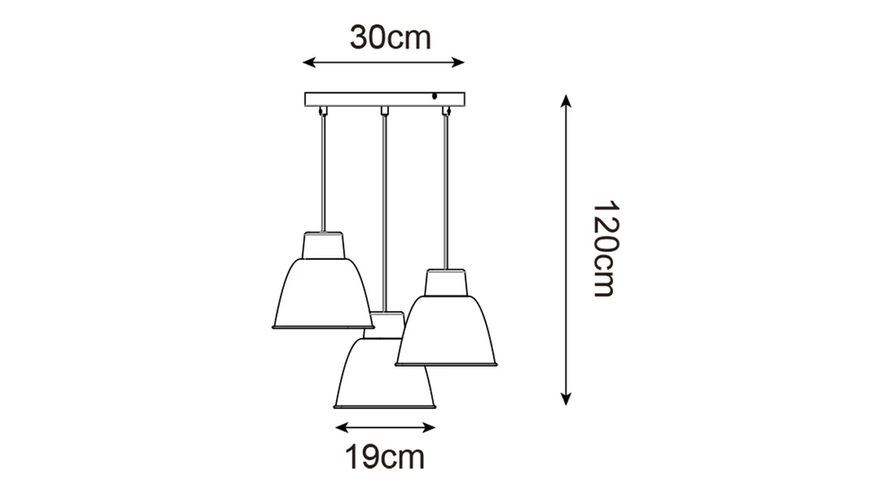 Wisząca lampa ORLO z okrągłą drewnianą podstawą i 3 białymi kloszami.