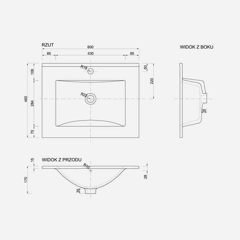 Rysunek techniczny z wymiarami umywalki PLAN 60.