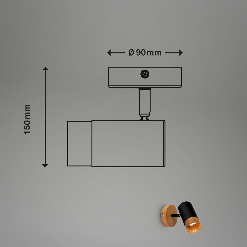 Kinkiet PLEK z drewnianą podstawą i regulowanym reflektorem - wymiary.
