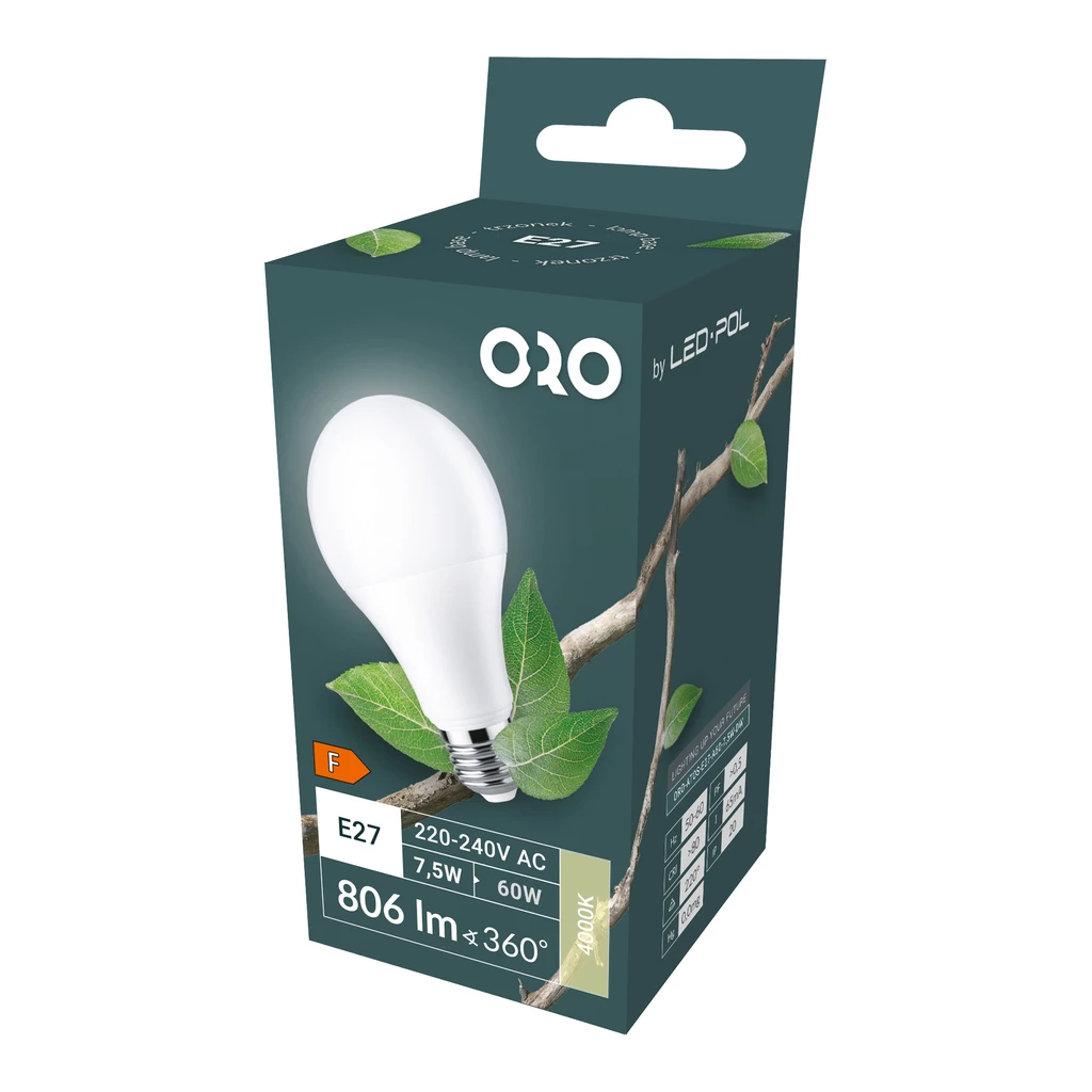 Żarówka LED E27 8,5W barwa neutralna ORO-ATOS-E27-A60-8,5W-DW